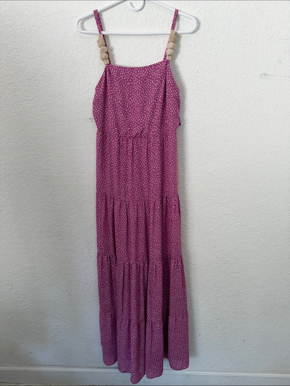 Insight Rose-Pink Polka Dot Tiered Maxi Dress with Beaded Straps